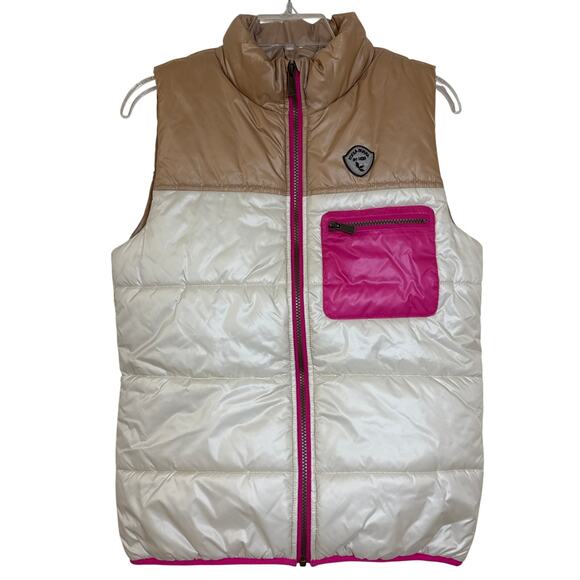 Koolaburra by UGG, M 10-12 Quilted Puffer Vest Cream Tan & Pink Trim and Pocket - Picture 1 of 10